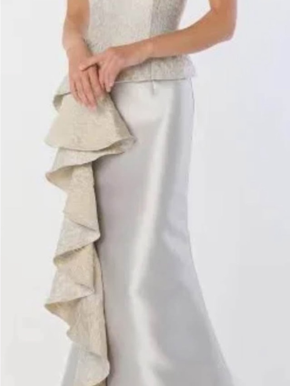 Mon Cheri Silver Satin Skirt with Cascading Ruffle Brand new with tags
